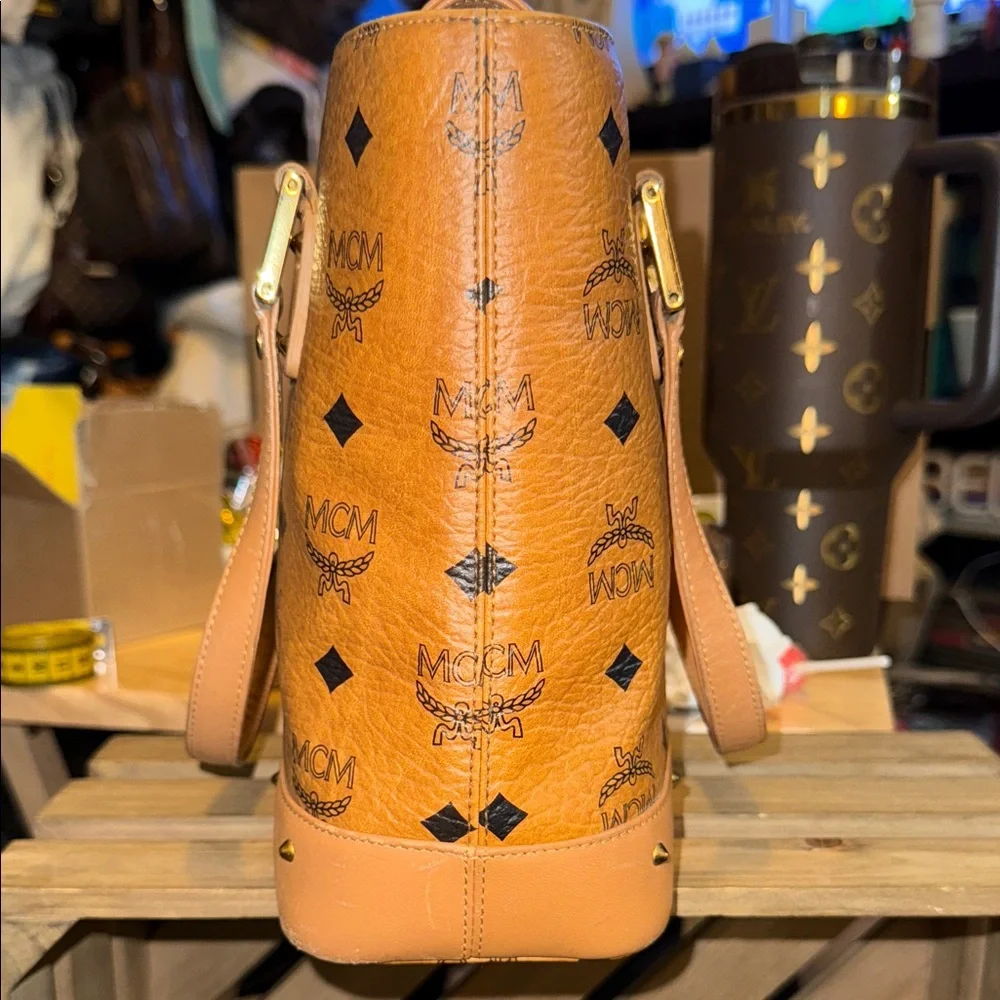 MCM Mini Cognac Leather Tote with Logo Pattern - Picture 6 of 16